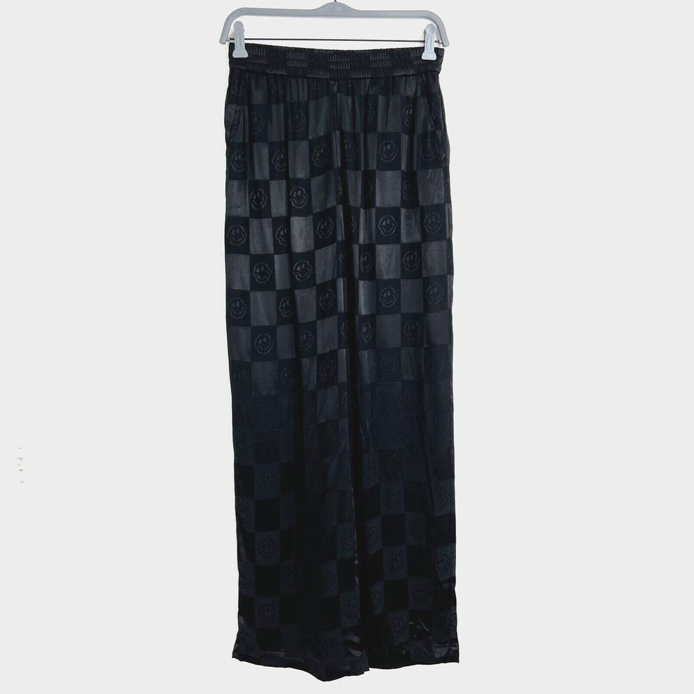 Urban Revivo Checkerboard Pants Women Size 4 Black Satin Wide-Leg Y2K 90s Gothic